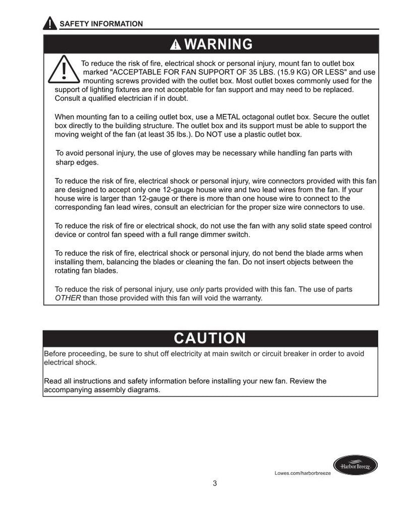 Harbor Breeze 0276094 Aero Ceiling Fan Operating Manual