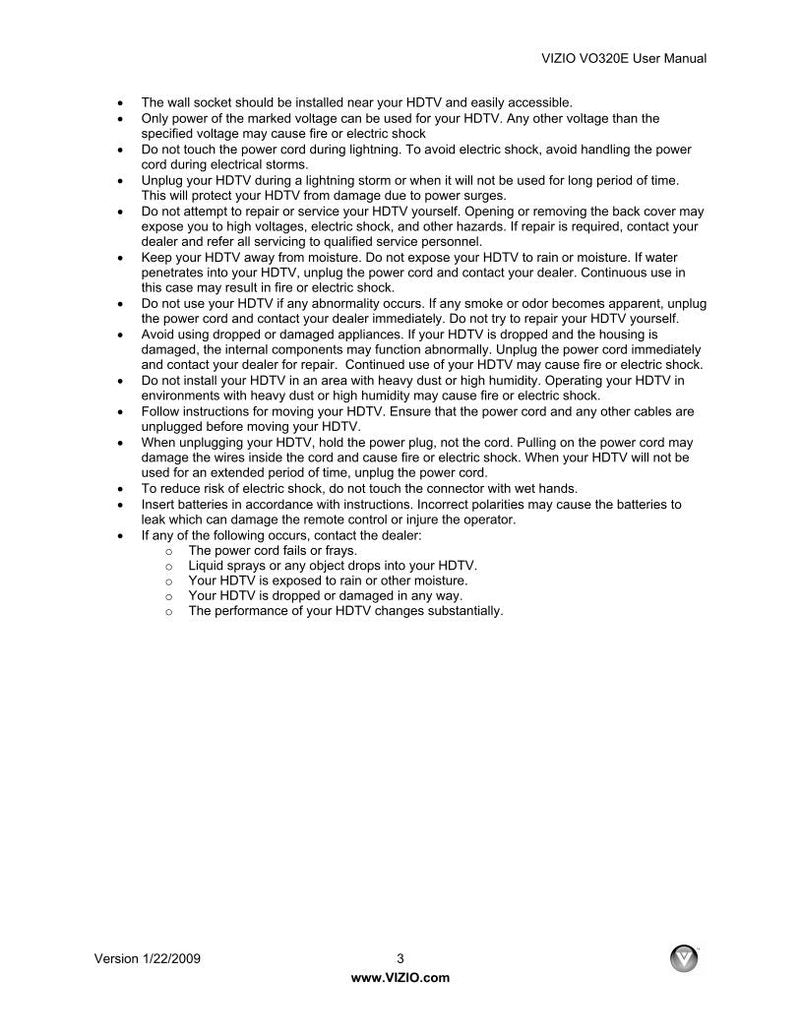 Vizio V0320E TV Operating Manual