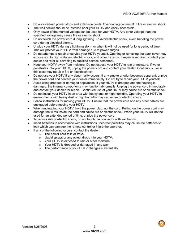 Vizio VOJ320F1A VOJ320F1AC TV Operating Manual