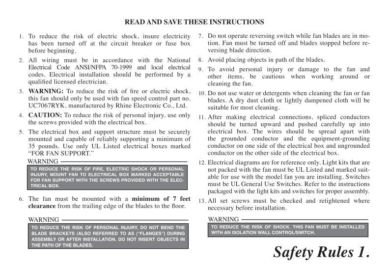 Hampton Bay 26600 Trieste 52 in. Ceiling Fan Operating Manual