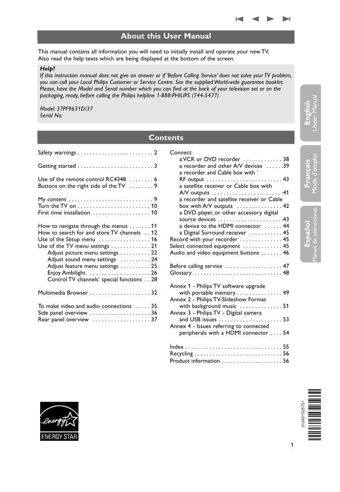Philips 37PF9631D TV Operating Manual