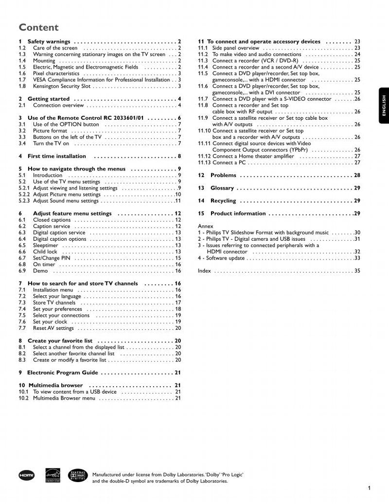 Philips 52PFL7422D/37E 19MF337B27E 42PFL7422D TV Operating Manual