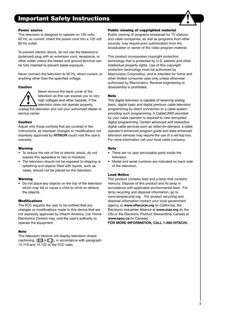 Hitachi 50 V 720 TV Operating Manual