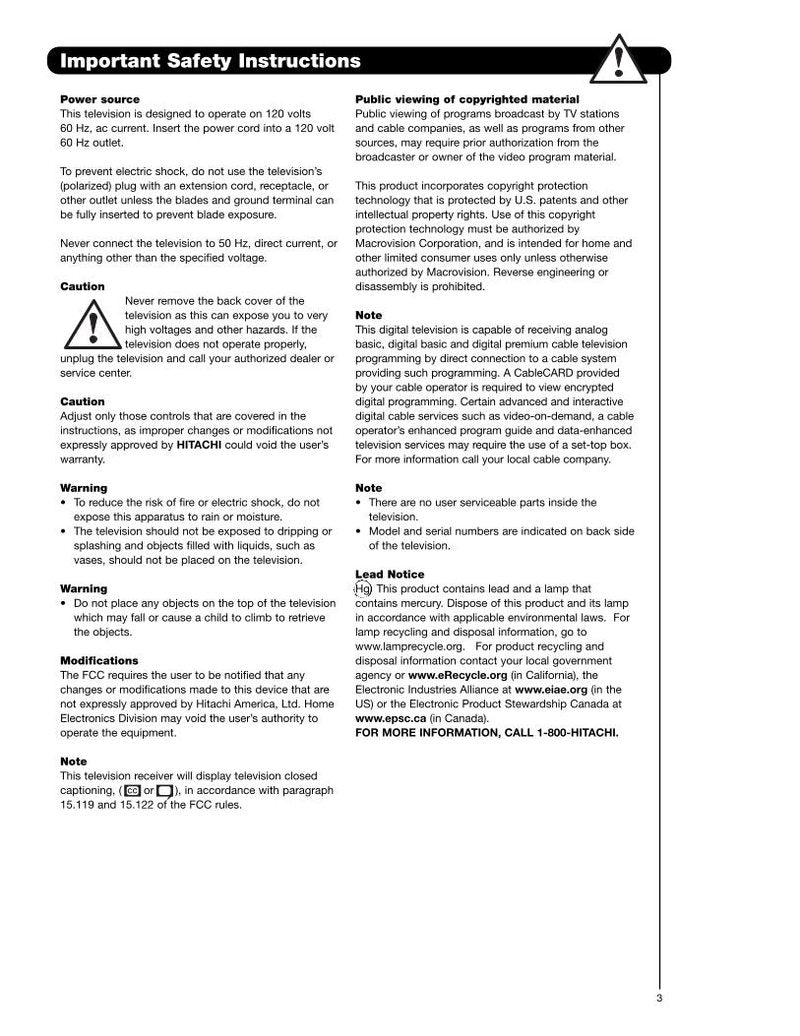 Hitachi 50 VF 820 55 60 TV Operating Manual