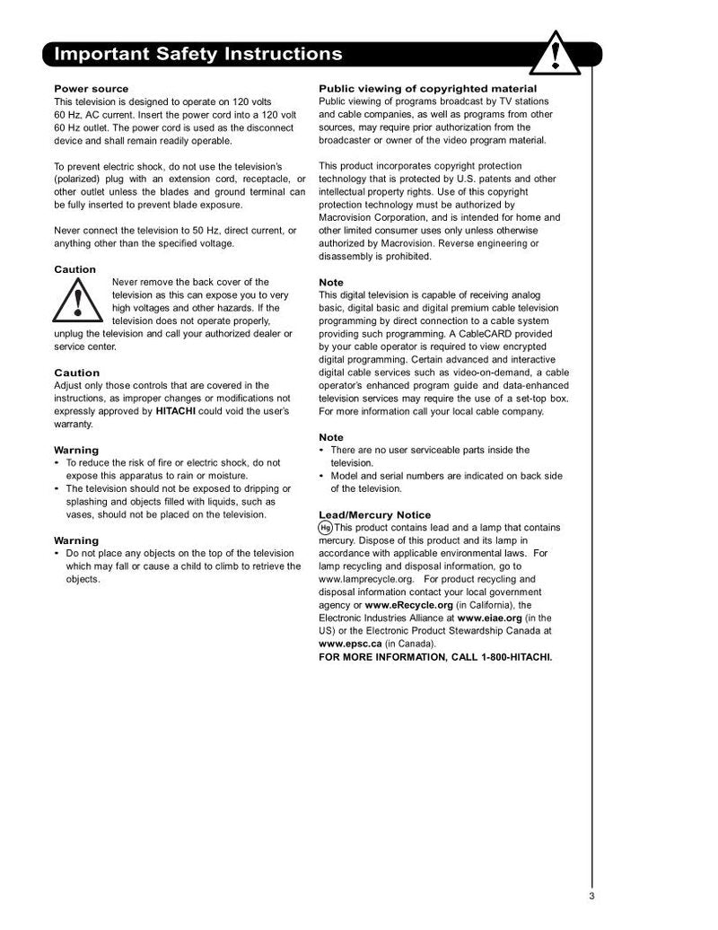 Hitachi 50 VS 69 69A 55 TV Operating Manual