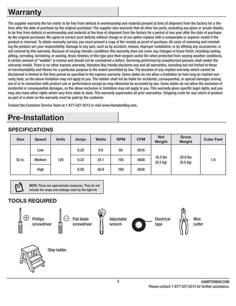 Hampton Bay 51350 Campbell 52 in Ceiling Fan Operating Manual