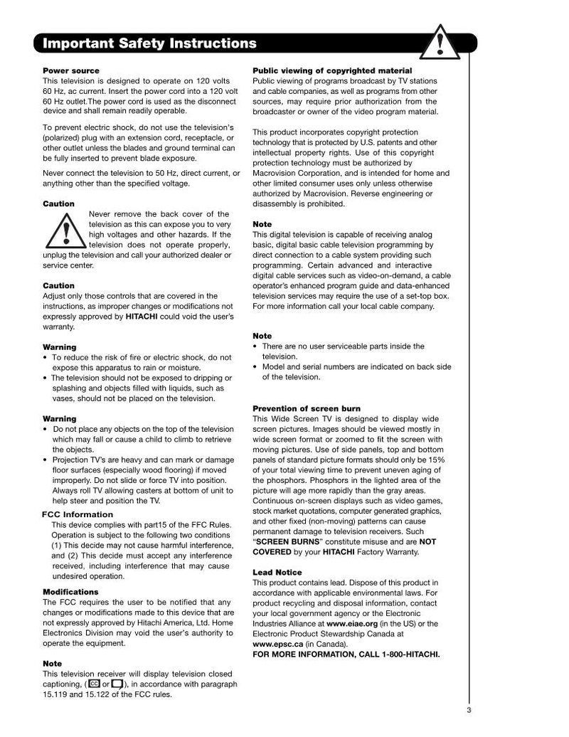 Hitachi 51 F 59 59A 59J TV Operating Manual