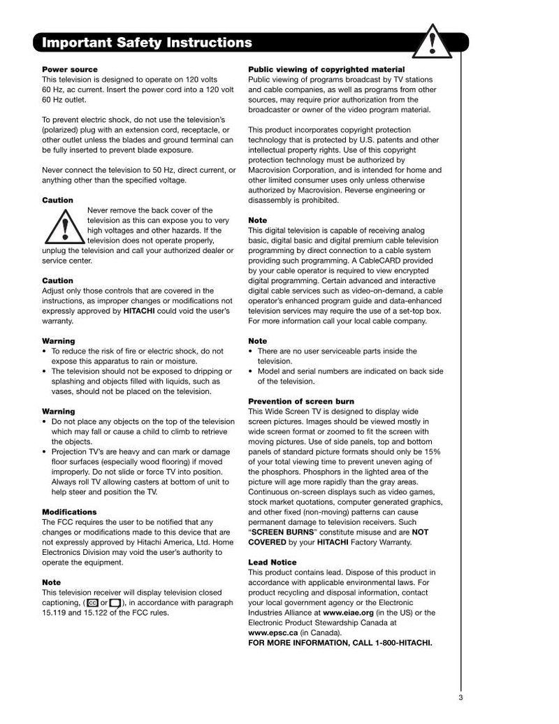 Hitachi 51 F 710A 710E 57 TV Operating Manual