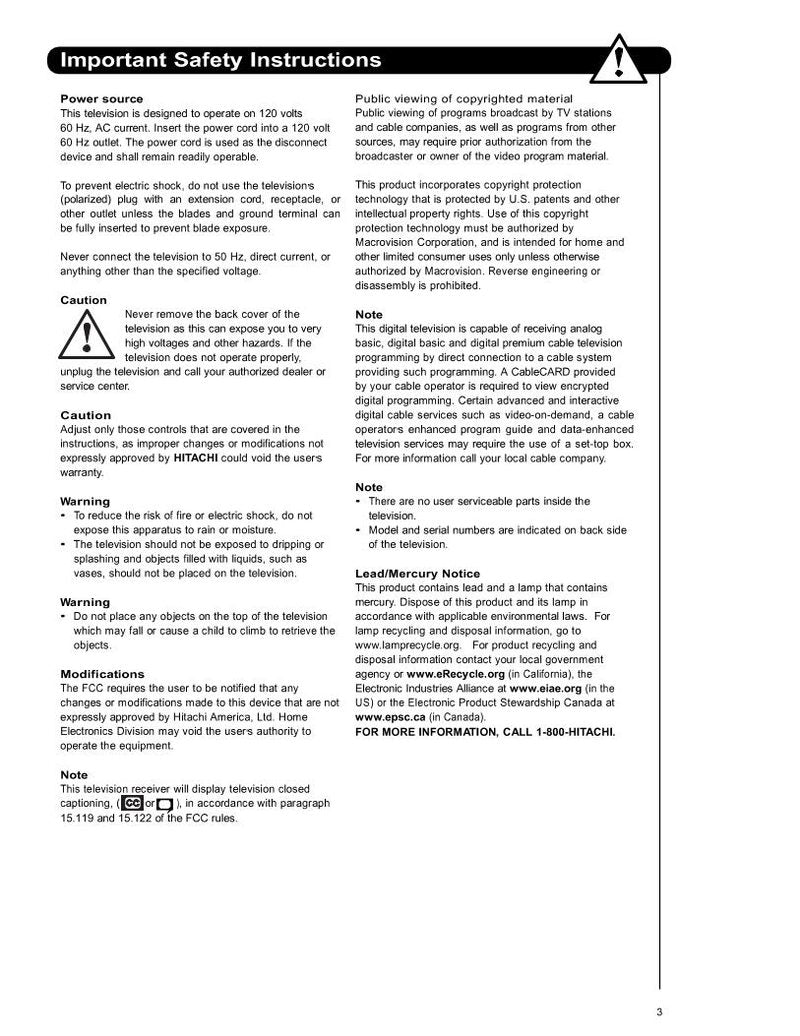 Hitachi 55 VS 69 62 TV Operating Manual