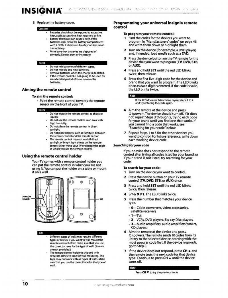 Insignia 67100 BA 1008R Universal Remote Control Operating Manual