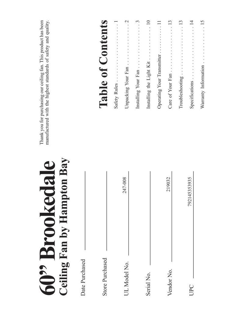 Hampton Bay AC 418 BNBrookedale 60 in Brushed Nickel Ceiling Fan Operating Manual