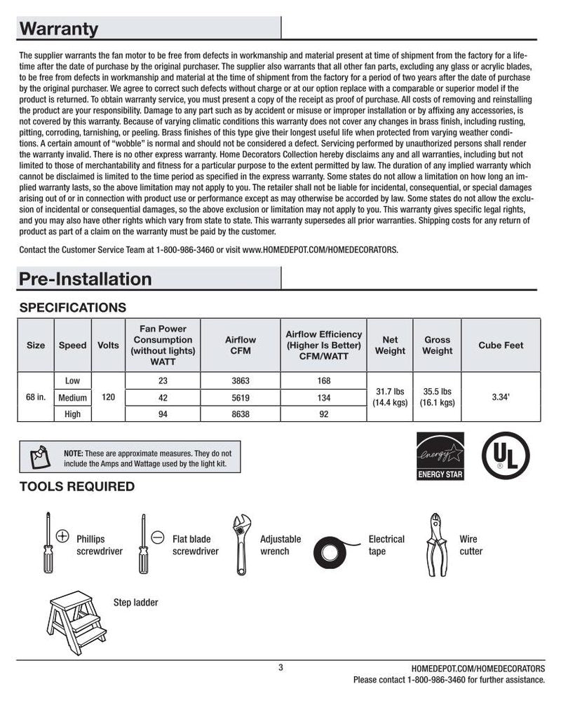 Home Decorators Collection Altura 68 inch Ceiling Fan Operating Manual