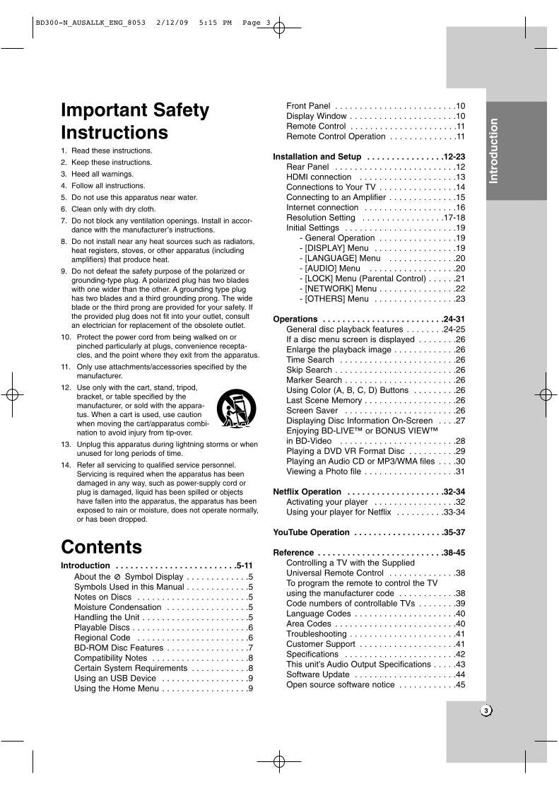 LG BD300 Blu-Ray DVD Player Operating Manual