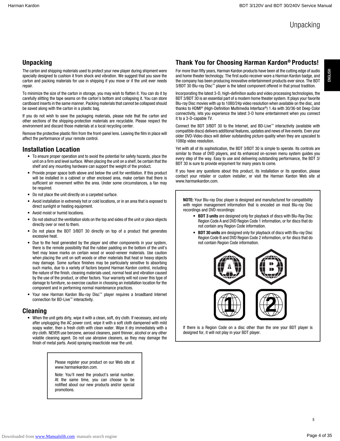 Harman/ Kardon BDT 3, 30, 120 & 230 Blu-Ray Player Service Manual (Pages: 35)