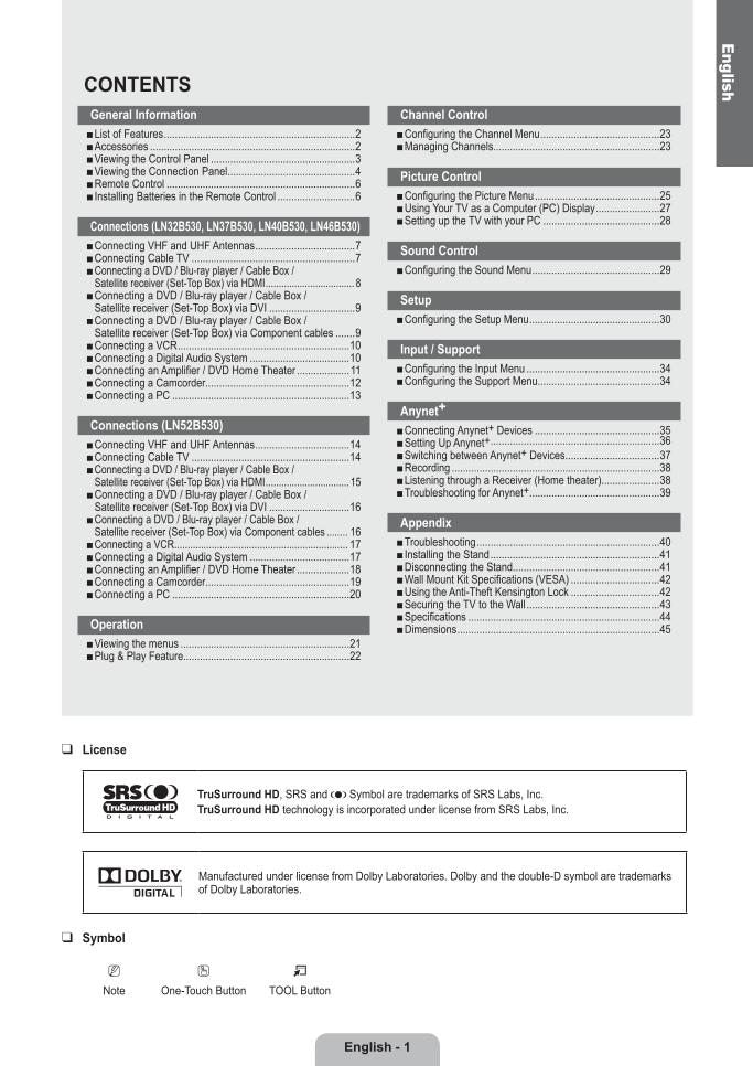 Samsung LN32 B530 LN37 LN40 Satellite Receiver Operating Manual
