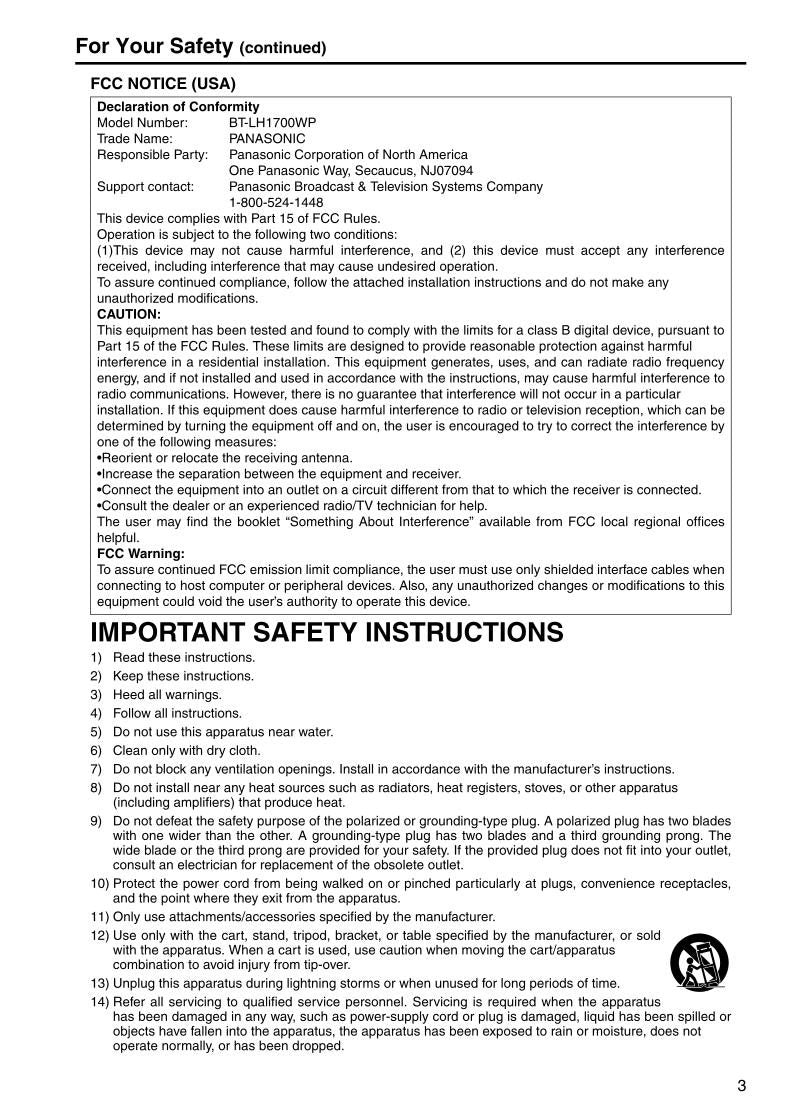 Panasonic BTLH1700WOM TV Operating Manual