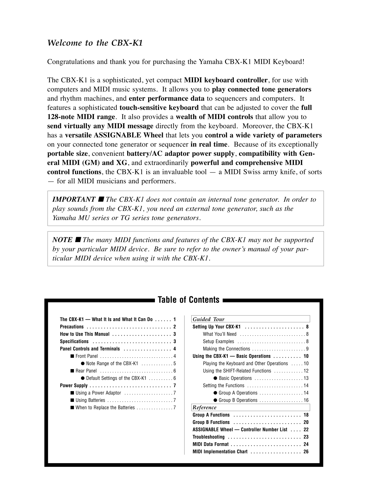 Yamaha CBX-K1 MIDI Keyboard Owner/ User Manual (Pages: 31)