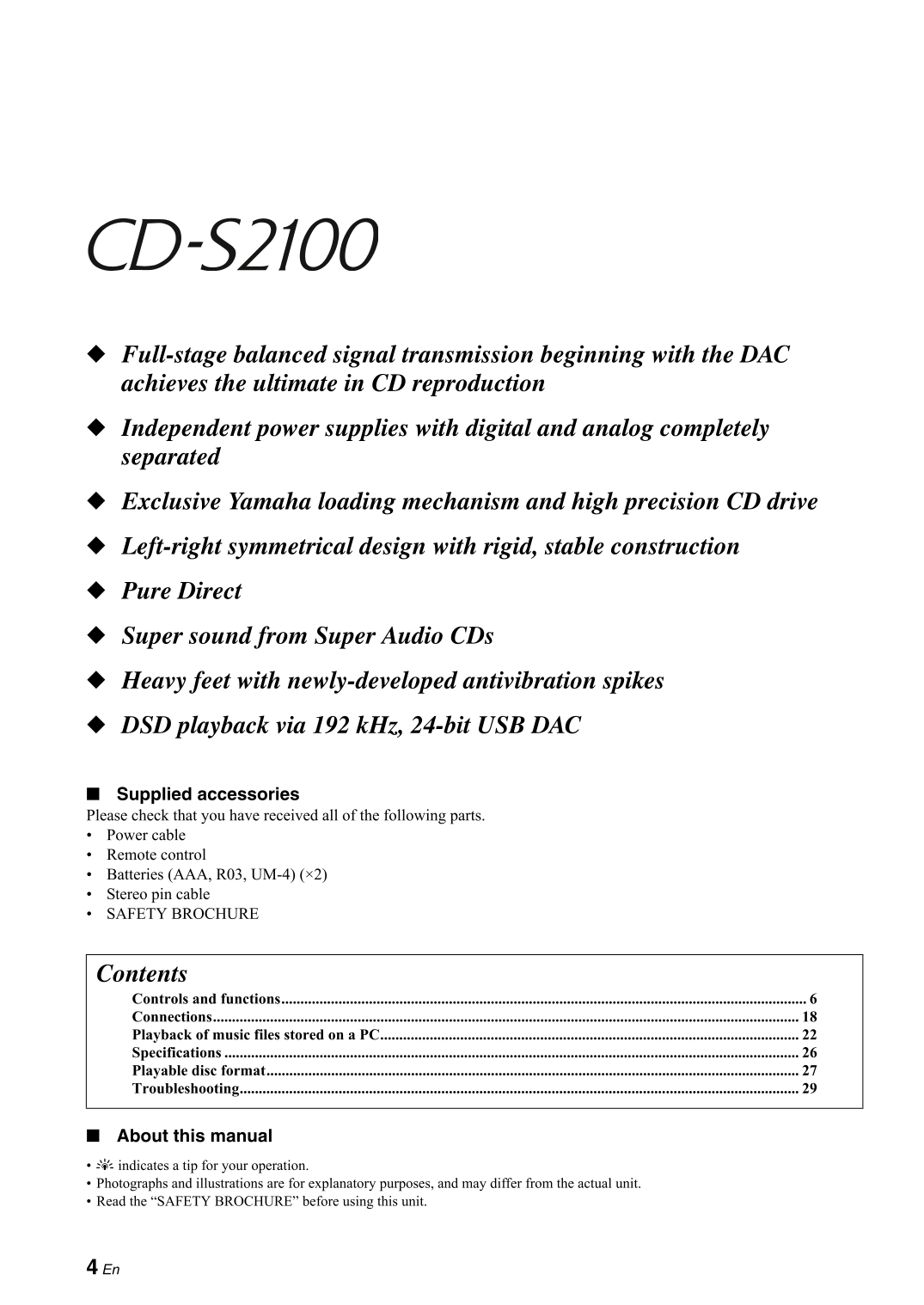 Yamaha CD-S2100 CD Player Owner's/ User Manual (Pages: 32)