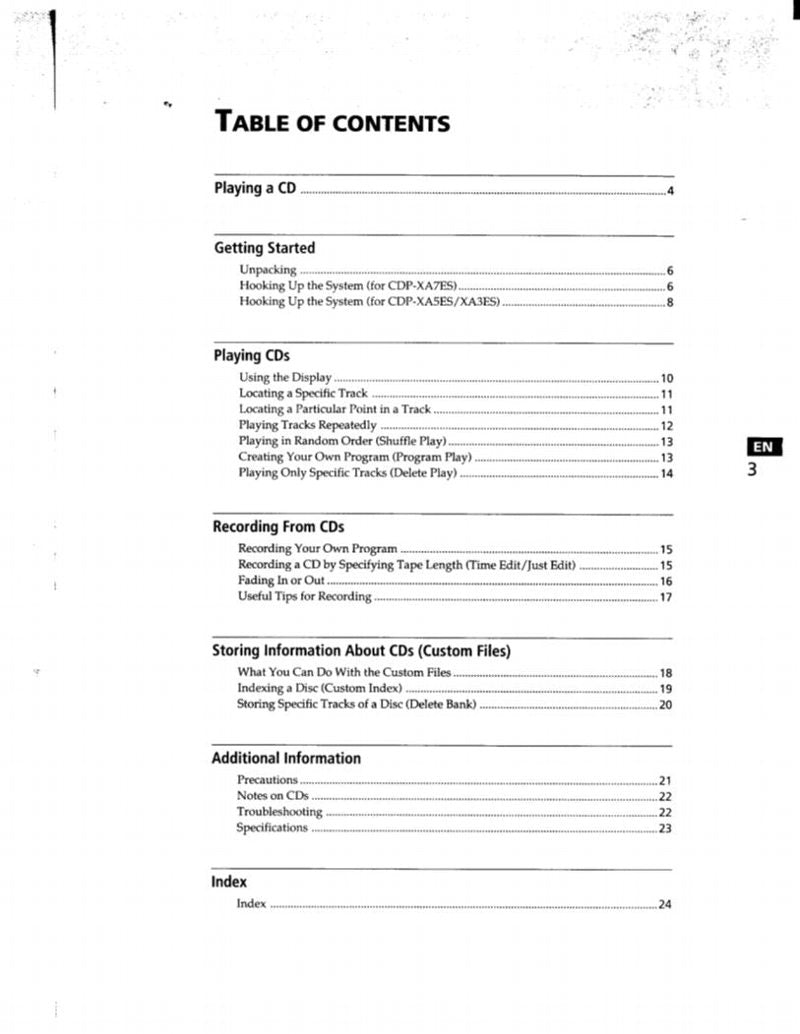 Sony CDPXA3ES CDPXA5ES CDPXA7ES Audio System Operating Manual