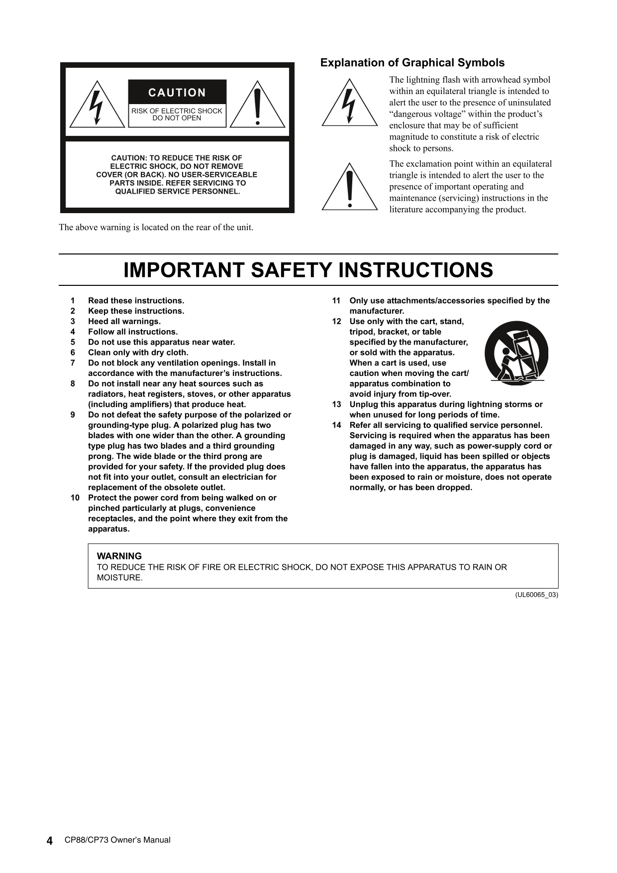 Yamaha CP73 & CP88 Synthesizer Stage Piano Owner's/ User Manual (Pages:60)