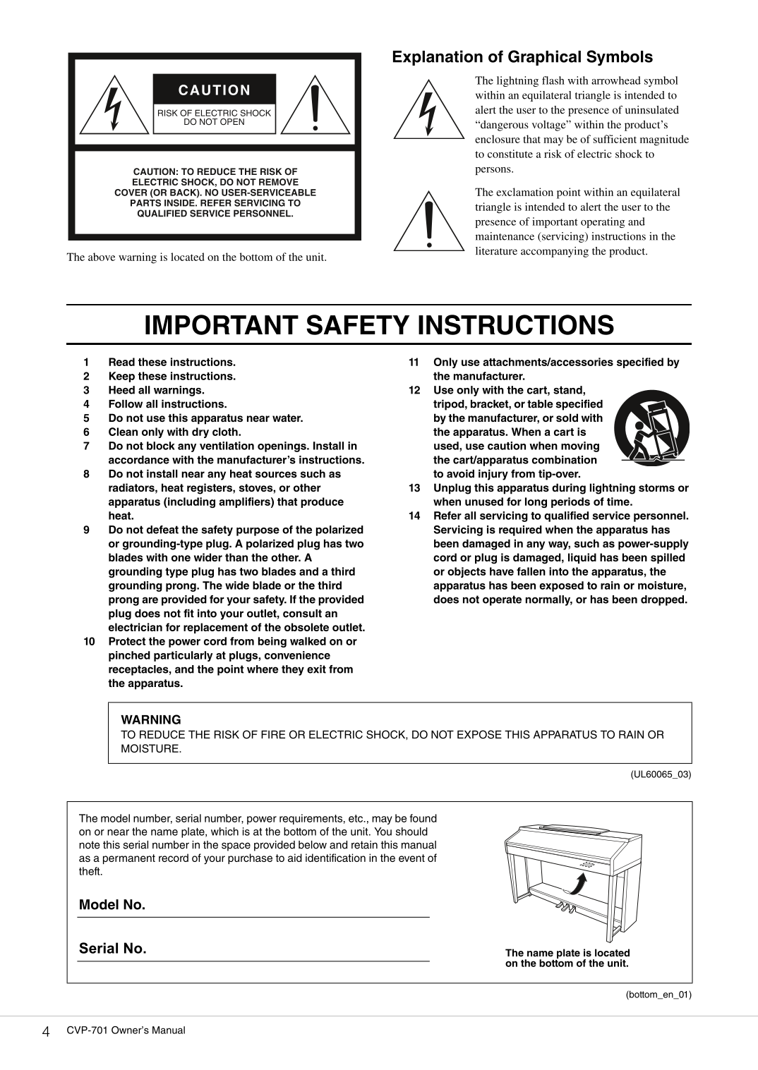 Yamaha CVP-701 Digital Piano Owner's/ User Manual (Pages: 131)