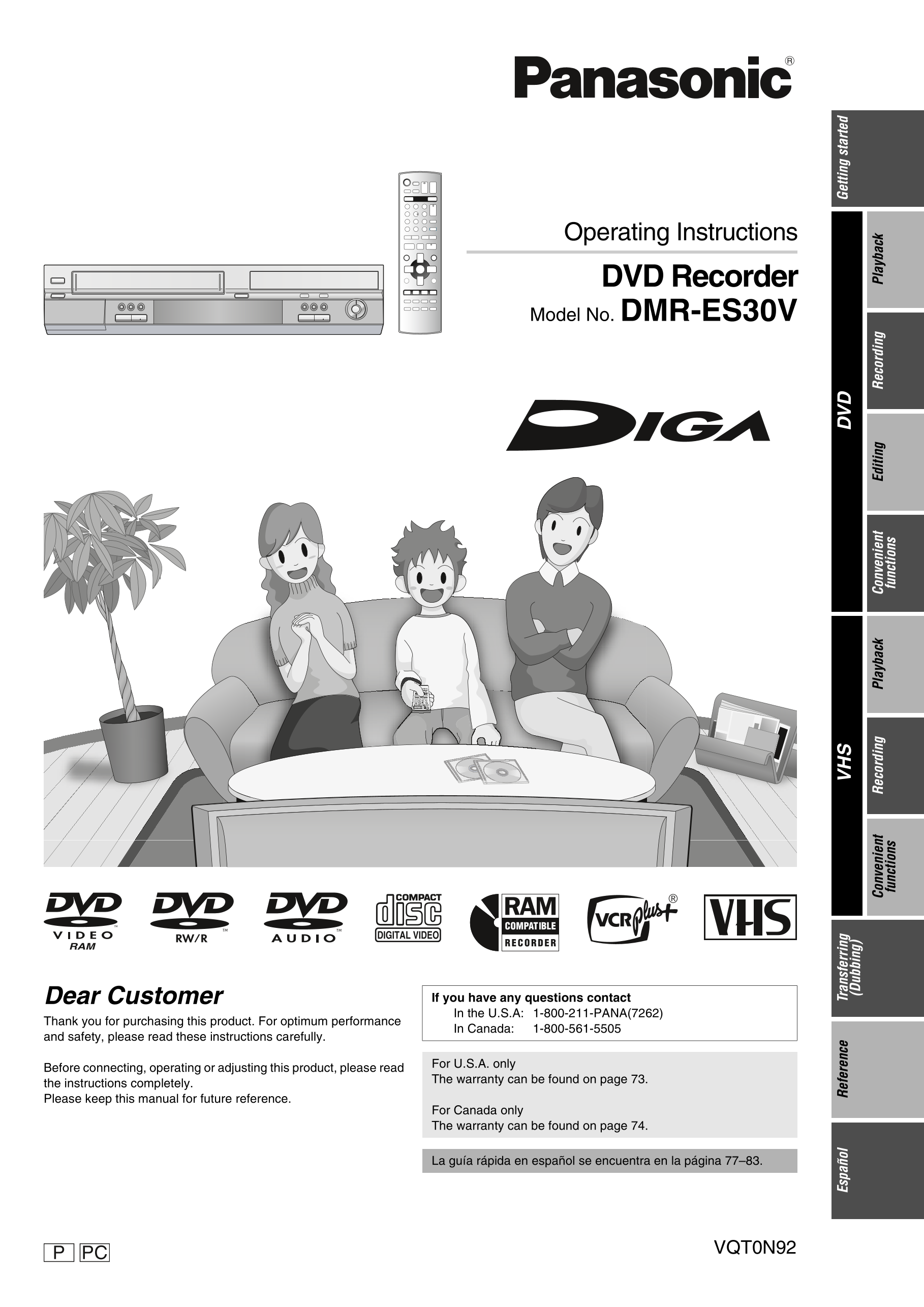 Panasonic DMR-ES30V DVD/VCR Combo Owner's/ User Manual (Pages: 84) – Manuali