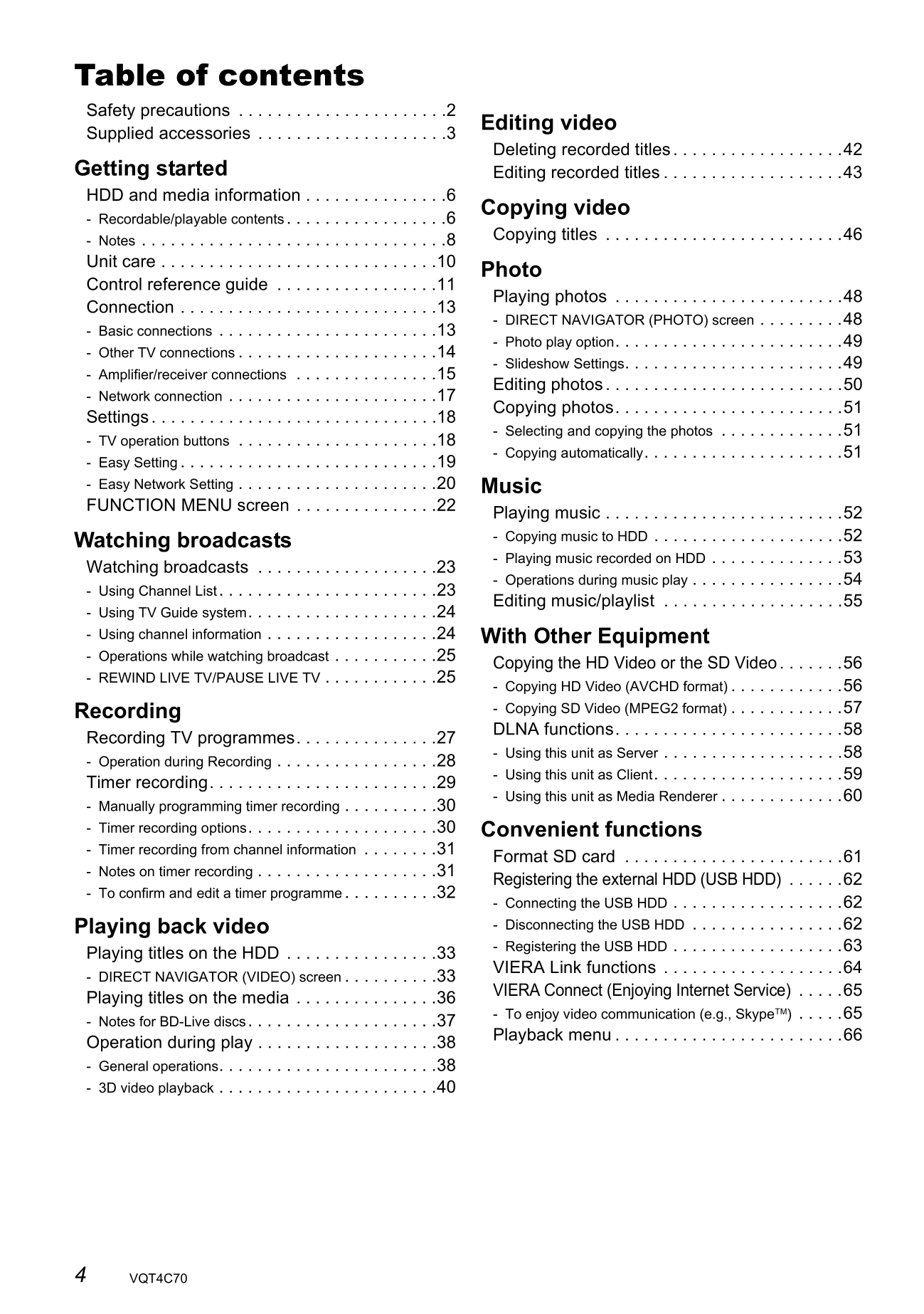 Panasonic DMR-PWT520 Blu-Ray Player/ HDD Recorder Owner's/ User Manual (Pages: 104)