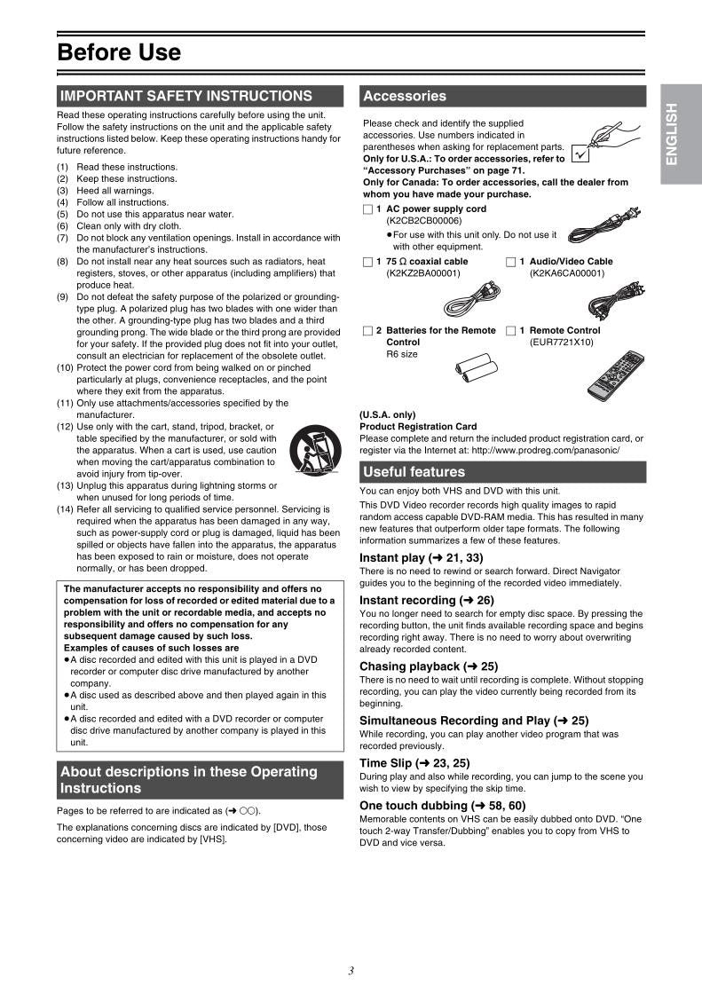 Panasonic DMRE75 DMRE75V DVD/VCR Combo Player Operating Manual