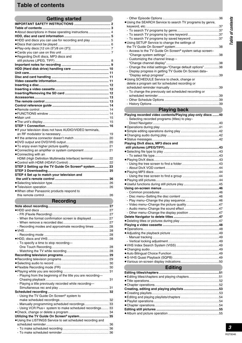 Panasonic DMREH75V DMREH75VS DVD/VCR Combo Player Operating Manual