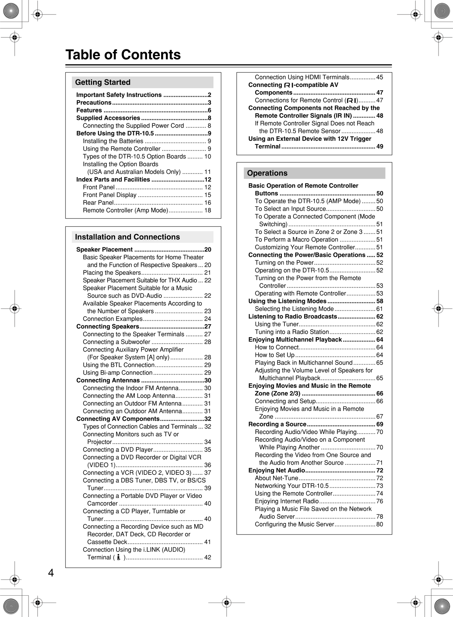 Integra DTR-10.5 AV Receiver Owner's/ User Manual (Pages: 152)