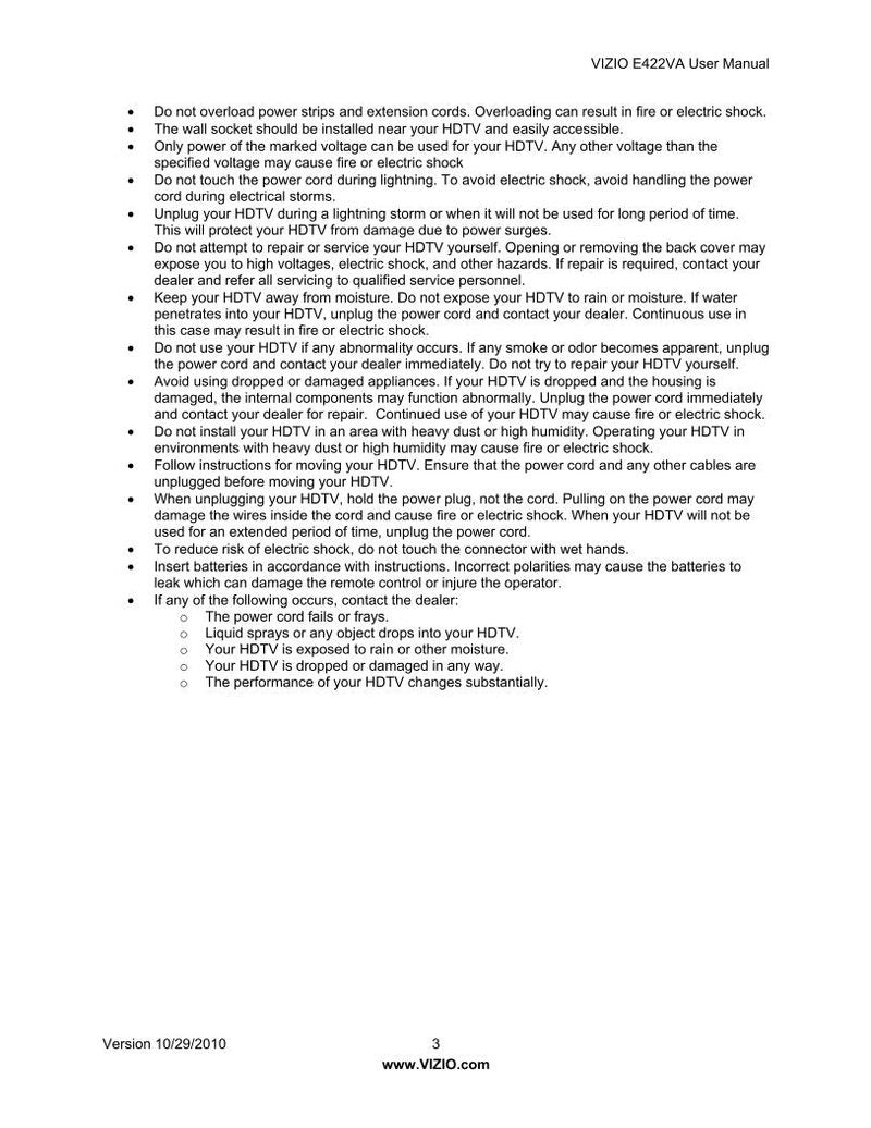 Vizio E422VA TV Operating Manual