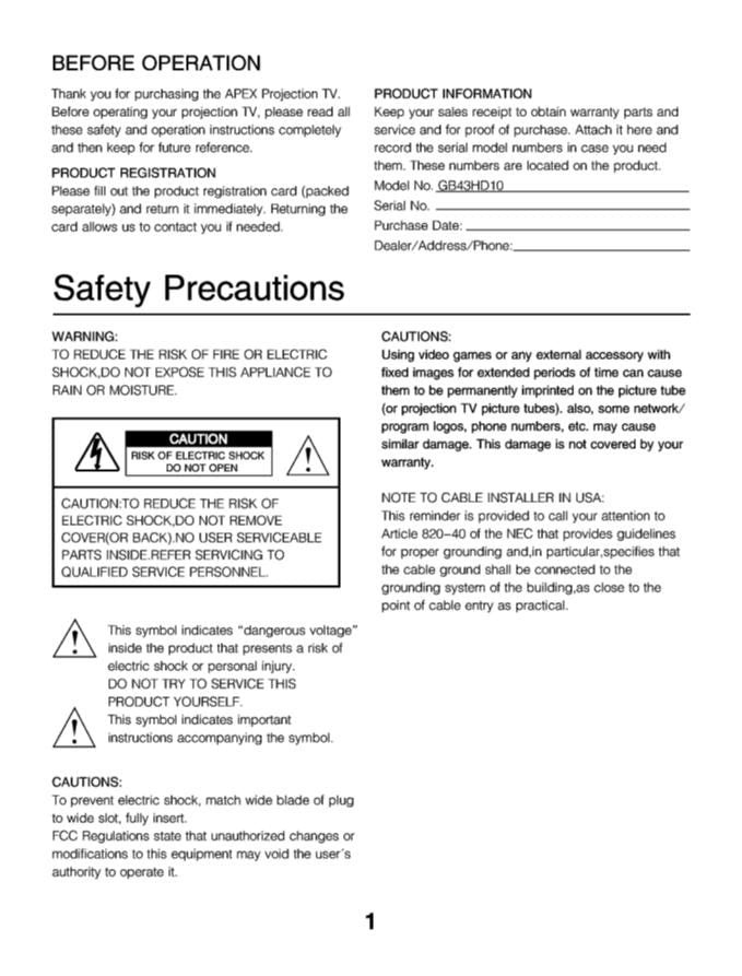 Apex GB43 HD 10OM TV Operating Manual