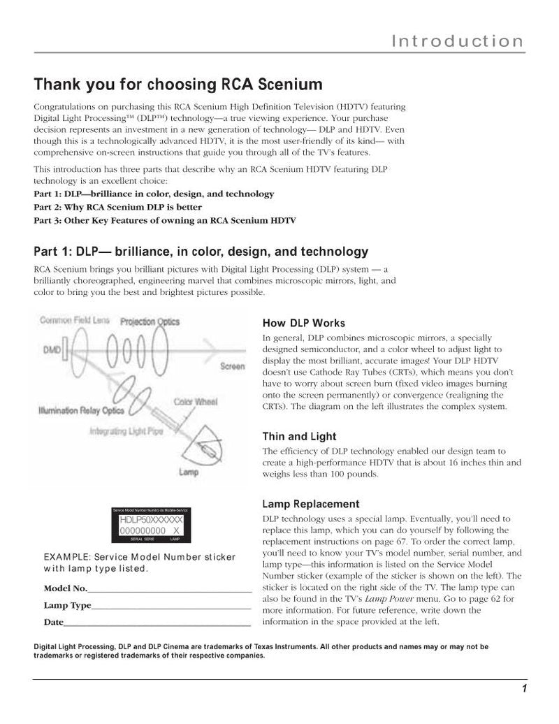 RCA HD61LPW162 HD61LPW164 TV Operating Manual
