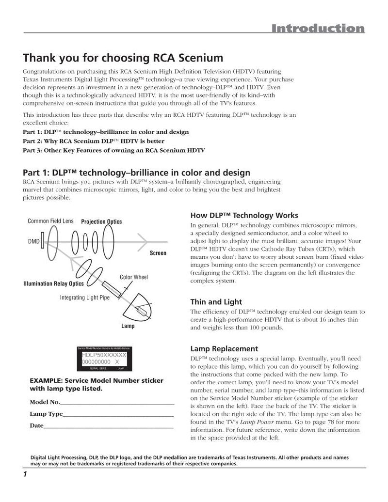 RCA HD44LPW167 HD50LPW167 HD50LPW175 TV Operating Manual
