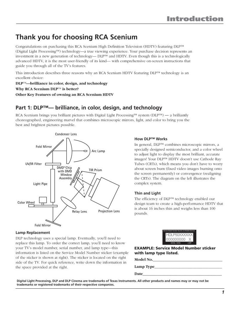 RCA HDLP50W151 HDLP61W151 TV Operating Manual