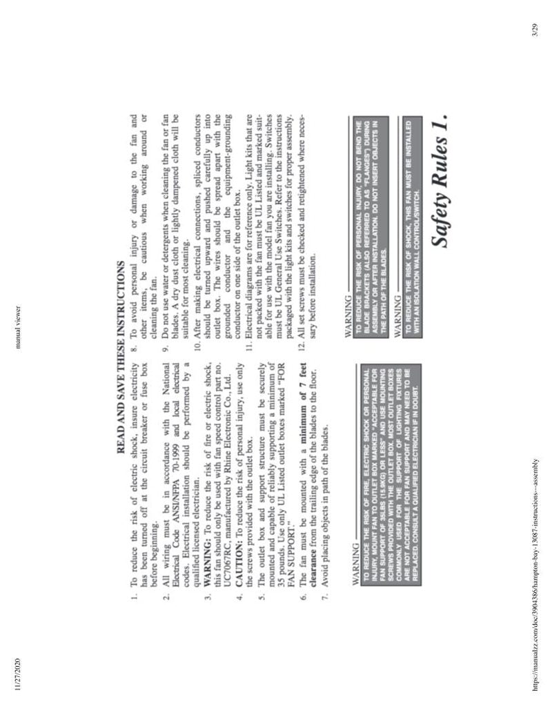 Hampton Bay 13087 Tropics 54 in OM Ceiling Fan Operating Manual