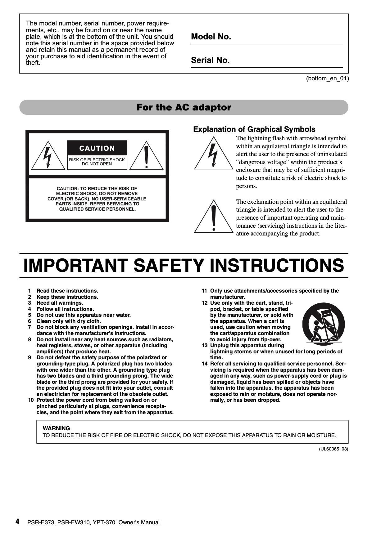 Yamaha PSR-E373, PSR-EW310 & YPT-370 Digital Keyboard Piano Owner's/ User Manual (Pages:92)