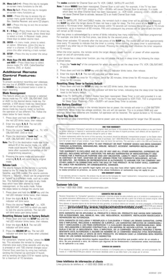 Jensen JR300 JR400 JR500OM Universal Remote Control Operating Manual