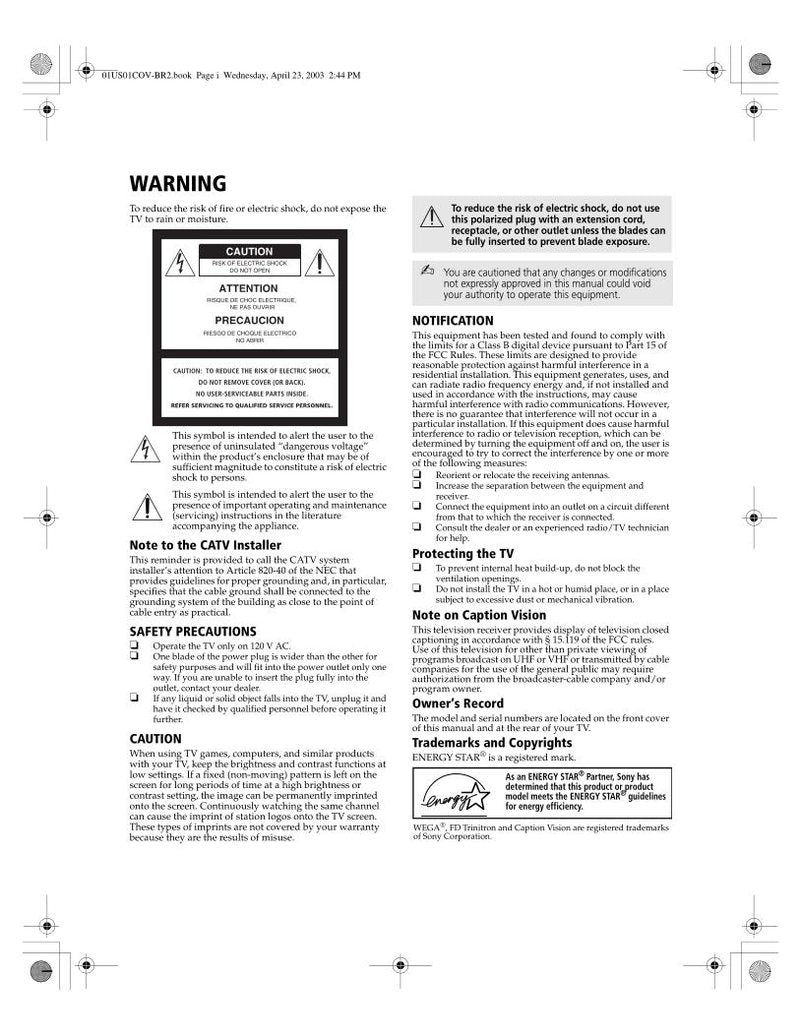 Sony KV27FS210 KV32FS210 KV36FS210 TV Operating Manual