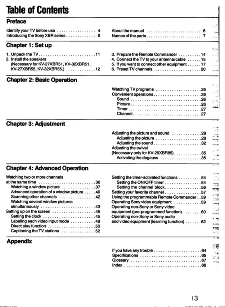 Sony KV27XBR51 KV27XBR55 KV29XBR85 TV Operating Manual