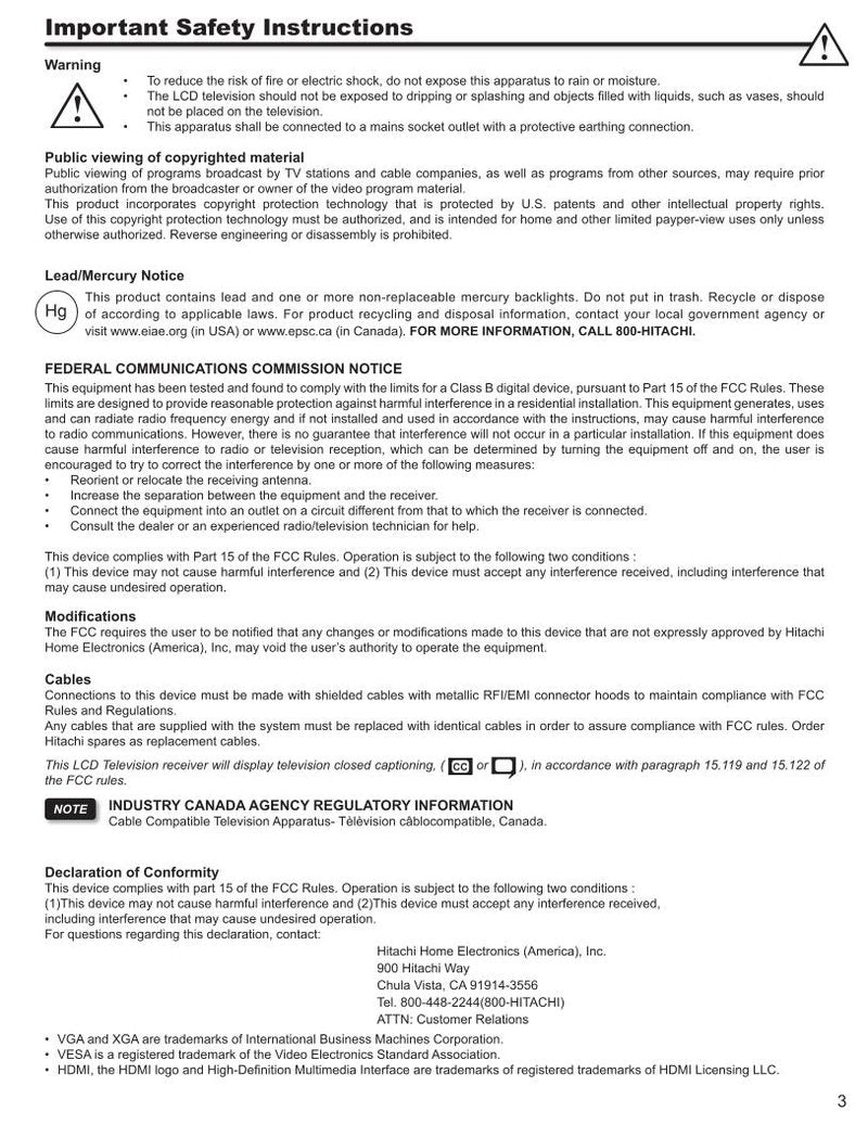 Hitachi L42 S 503 TV Operating Manual