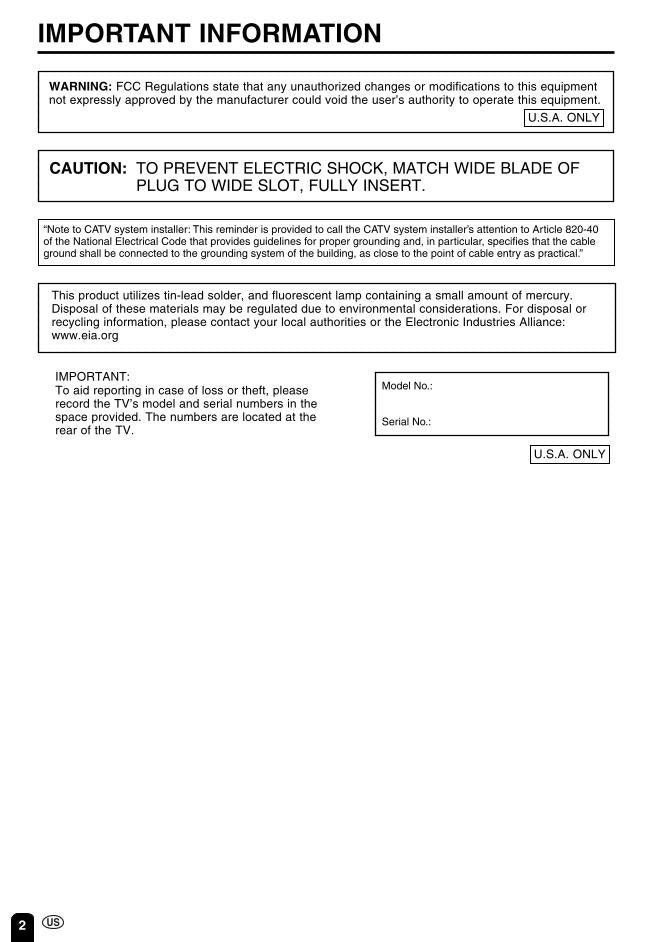 Sharp LC13B2UB LC15B2UB LC20B2UB TV Operating Manual
