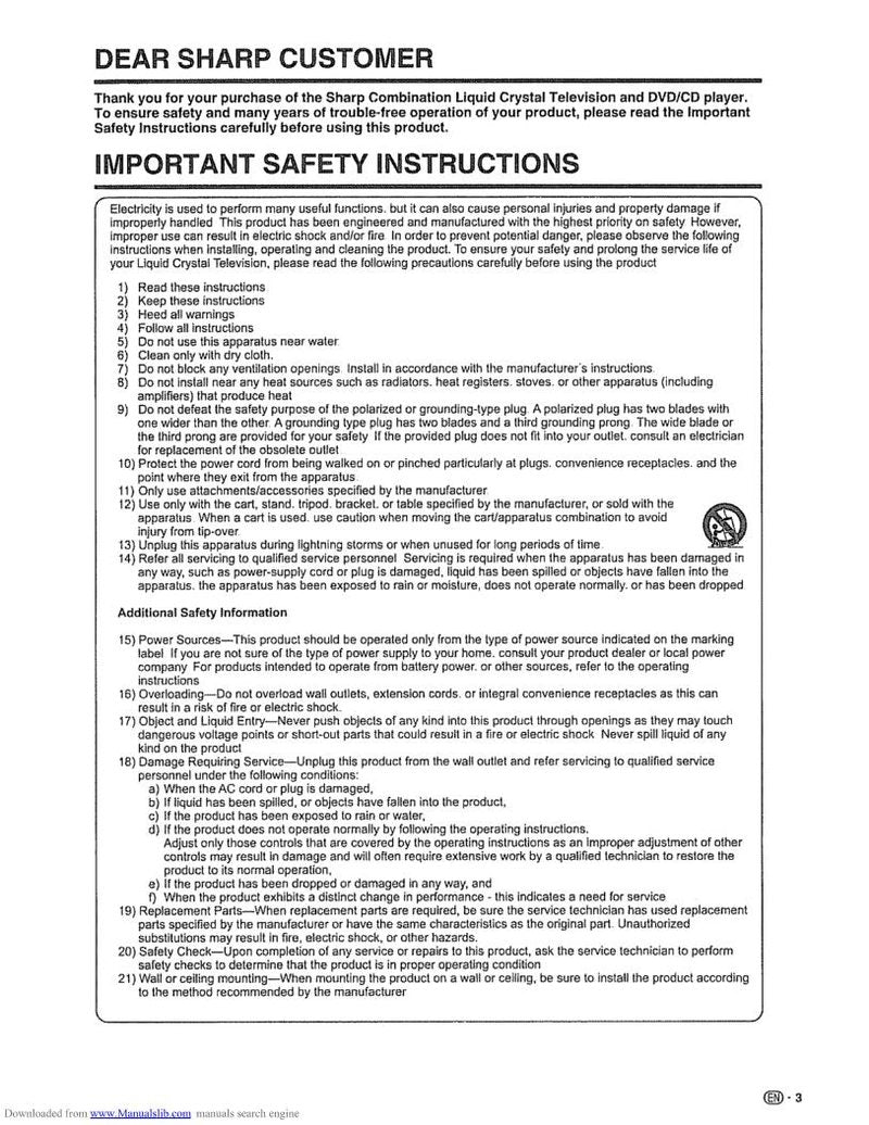 Sharp LC26AD22U TV/DVD Combo Operating Manual