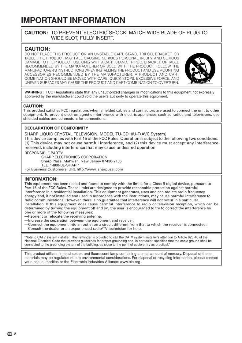 Sharp LC45GX6U TV Operating Manual