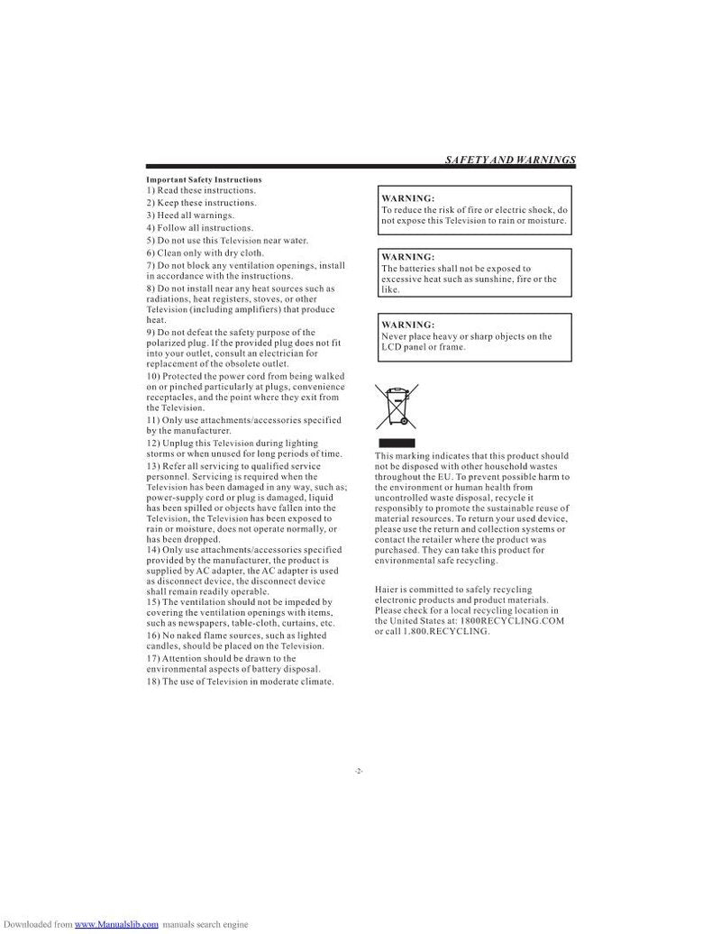 Haier LEC19 B 1320 LEC22 1380 1380W TV Operating Manual