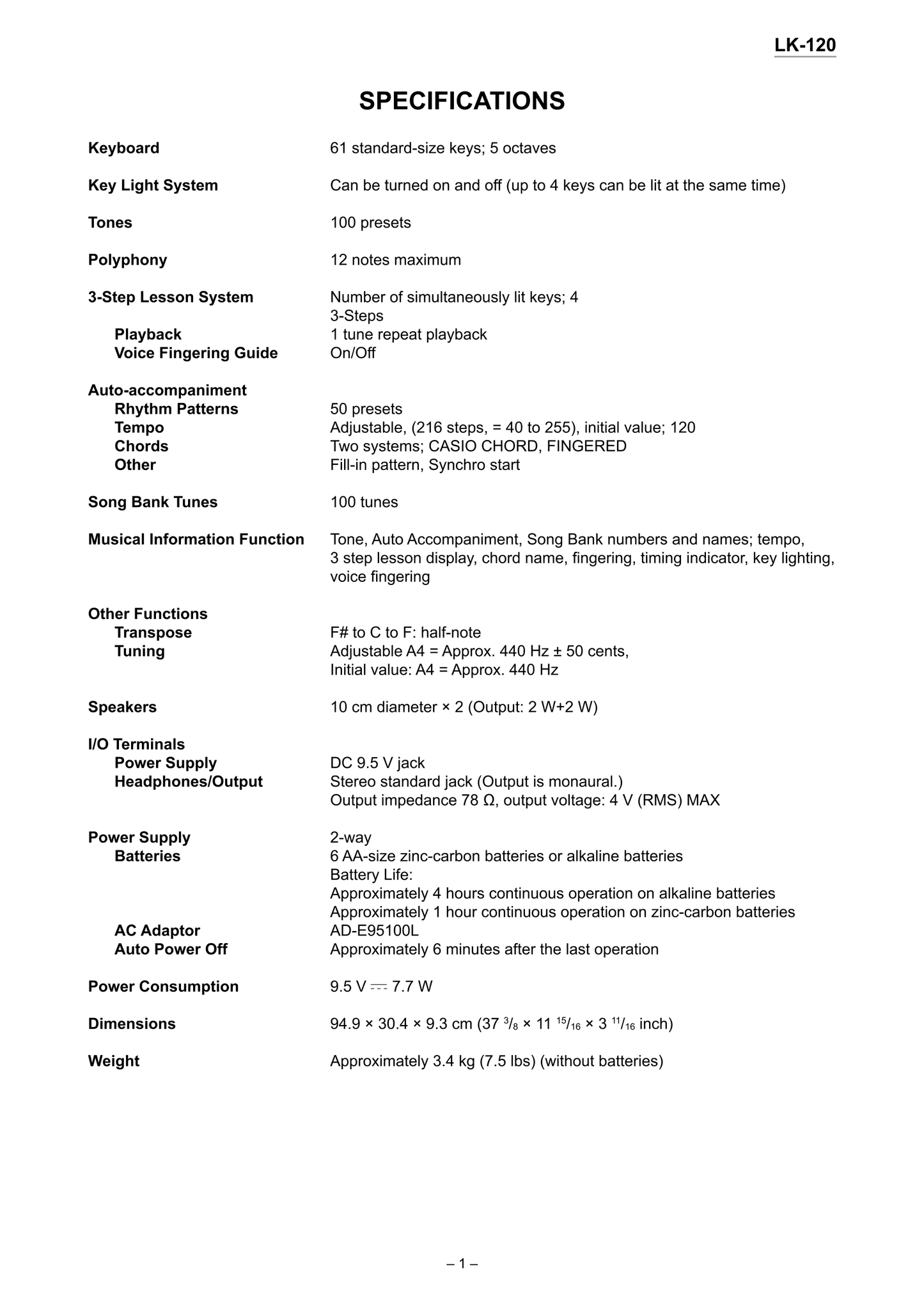 Casio LK-120 Keyboard Piano Service Manual (Pages: 34)