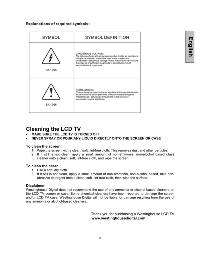 Westinghouse LTV-27w7 HD LTV-32w6 HD LTV-37w2 HD TV Operating Manual