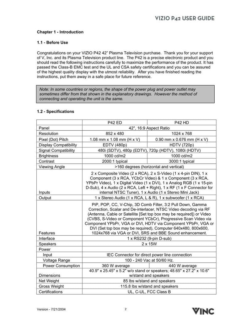 Vizio P42HDTV10A TV Operating Manual