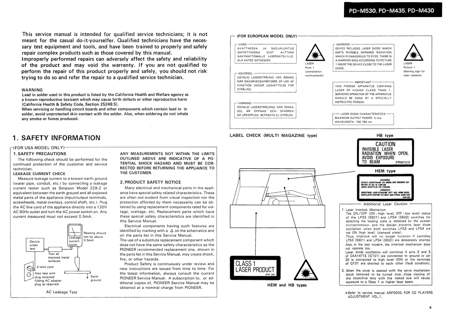 Pioneer PD-M430, PD-M435 & PD-M530 CD Player Service Manual (Pages: 35)