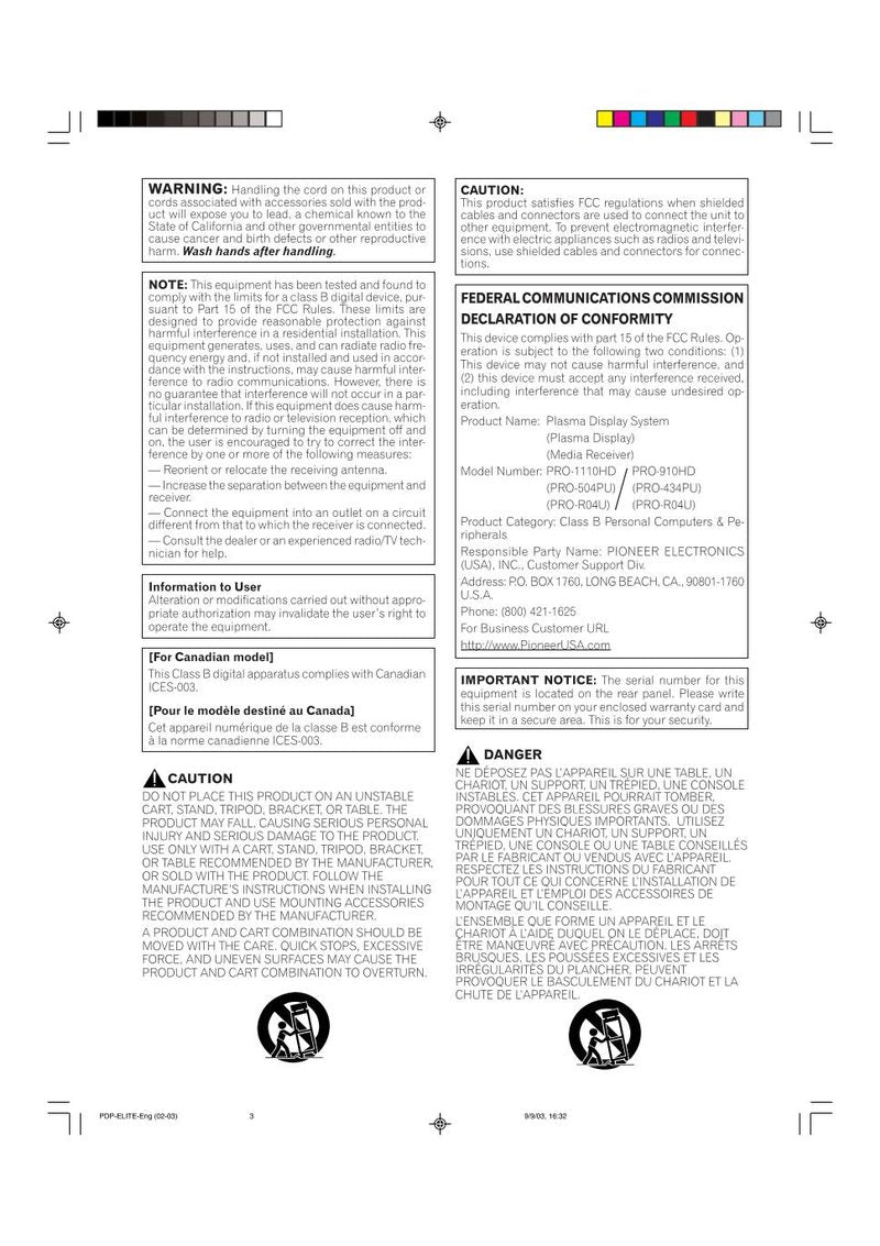 Pioneer PRO1110HD PRO910HD Monitor Operating Manual